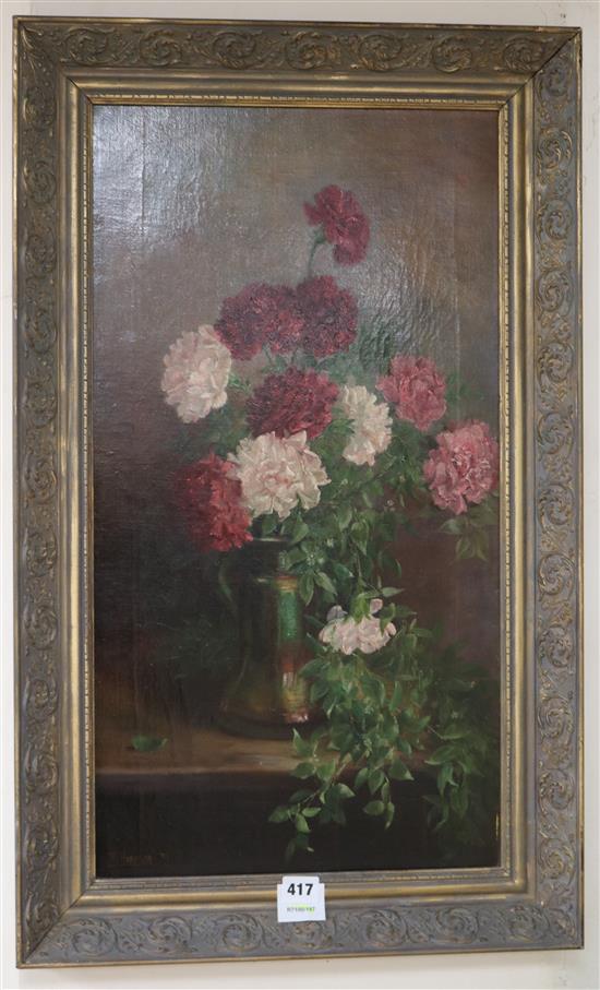 M. Harrison, oil on canvas, Still life of flowers in a vase, signed and dated 1893, 65 x 35cm